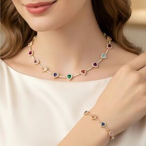 Gold Tone Rainbow Heart Necklace 18.5”